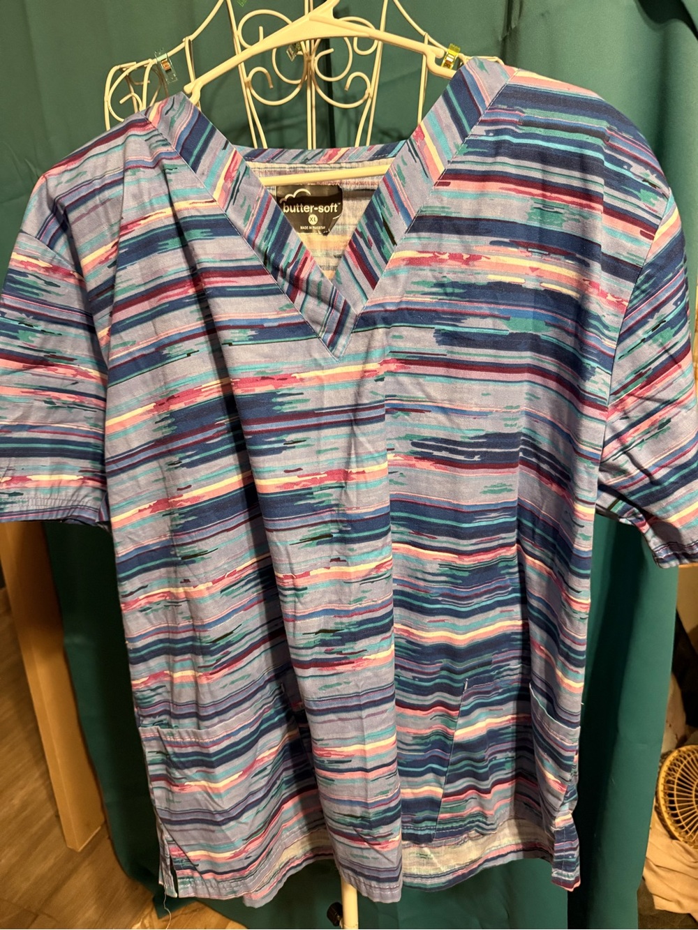 Butter Men's Multicolor Striped V-Neck Shirt — Blue, Teal, Pink